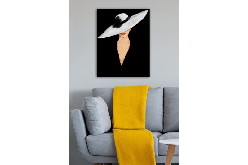 Lerretsbilde - Elegant kvinne med stor hvit hatt og oransje lepper - Hvit / Svart / Oransje - Interiør - Maleri & posters - Lerretsbilder