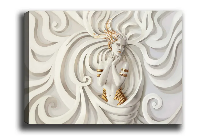 Lerretsbilde - Elegant kvinne omgitt av feiende, abstrakte former, Hvit / Beige / Gull
