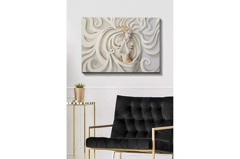 Lerretsbilde - Elegant kvinne omgitt av feiende, abstrakte former - Hvit / Beige / Gull - Interiør - Maleri & posters - Lerretsbilder