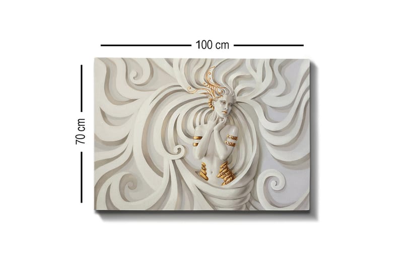 Lerretsbilde - Elegant kvinne omgitt av feiende, abstrakte former - Hvit / Beige / Gull - Interiør - Maleri & posters - Lerretsbilder