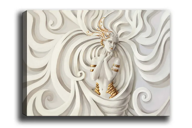 Lerretsbilde - Elegant kvinne omgitt av feiende, abstrakte former, Hvit / Beige / Gull