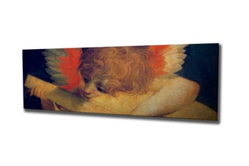 Lerretsbilde - Engel spiller lutt med fargerike fjær i bakgrunnen - Rød / Oransje / Hudtone - Interiør - Maleri & posters - Lerretsbilder