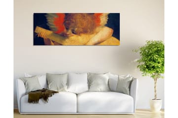 Lerretsbilde - Engel spiller lutt med fargerike fjær i bakgrunnen - Rød / Oransje / Hudtone - Interiør - Maleri & posters - Lerretsbilder