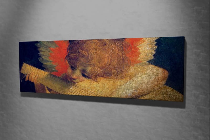 Lerretsbilde - Engel spiller lutt med fargerike fjær i bakgrunnen - Rød / Oransje / Hudtone - Interiør - Maleri & posters - Lerretsbilder