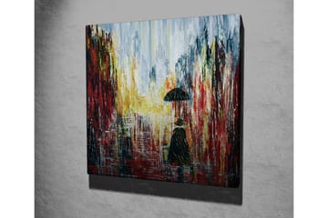Lerretsbilde - Ensom figur med paraply i et regnfullt bymiljø - Rød / Svart / Gul - Interiør - Maleri & posters - Lerretsbilder