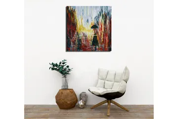 Lerretsbilde - Ensom figur med paraply i et regnfullt bymiljø - Rød / Svart / Gul - Interiør - Maleri & posters - Lerretsbilder