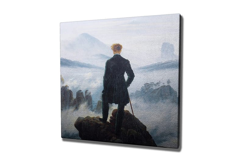 Lerretsbilde - Ensom mann på en klippe som ser ut over et tåkete landskap, Mørk grønn / Grå / Blå