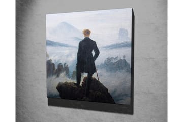 Lerretsbilde - Ensom mann på en klippe som ser ut over et tåkete landskap - Mørk grønn / Grå / Blå - Interiør - Maleri & posters - Lerretsbilder