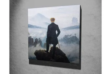 Lerretsbilde - Ensom mann på en klippe som ser ut over et tåkete landskap - Mørk grønn / Grå / Blå - Interiør - Maleri & posters - Lerretsbilder