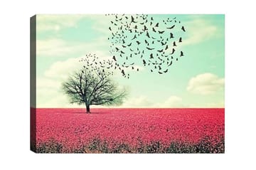 Lerretsbilde - Ensom trekrone i et blomstrende felt med rosa blomster - Rosa / Himmelblå / Svart - Interiør - Maleri & posters - Lerretsbilder