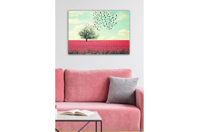 Lerretsbilde - Ensom trekrone i et blomstrende felt med rosa blomster - Rosa / Himmelblå / Svart - Interiør - Maleri & posters - Lerretsbilder
