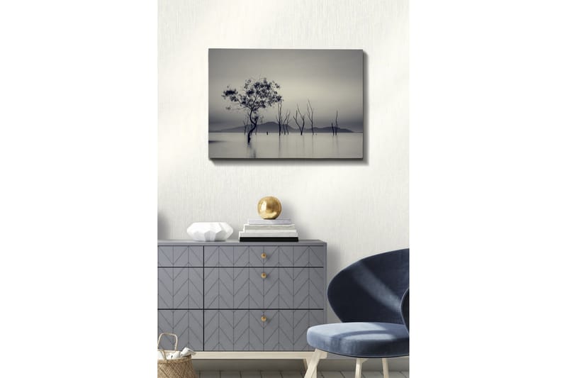 Lerretsbilde - Ensomt tre i tåkete vannlandskap - Svart / Grå / Hvit - Interiør - Maleri & posters - Lerretsbilder