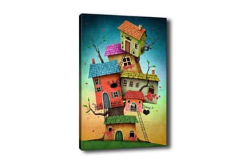 Lerretsbilde - Fantasifull bygging av fargerike hus som vokser ut av en trestamme - Grønn / Rød / Blå - Interiør - Maleri & posters - Lerretsbilder