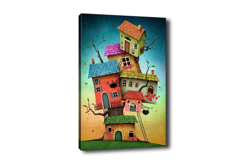 Lerretsbilde - Fantasifull bygging av fargerike hus som vokser ut av en trestamme, Grønn / Rød / Blå