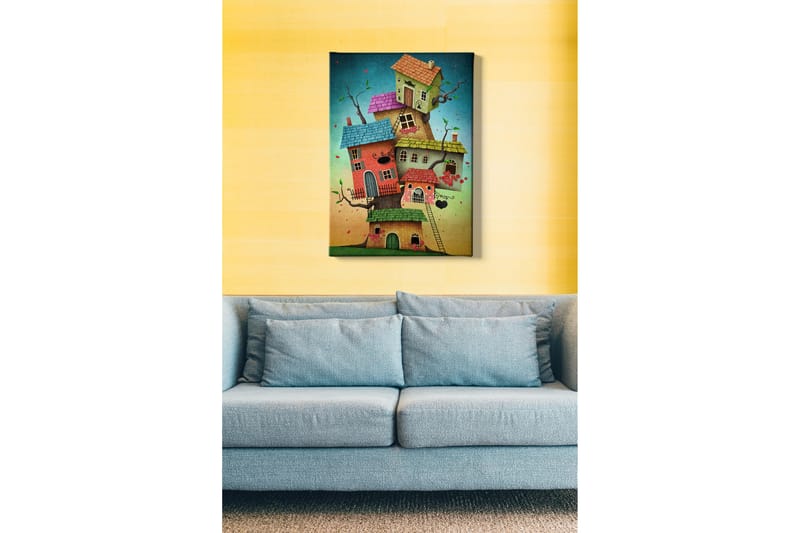 Lerretsbilde - Fantasifull bygging av fargerike hus som vokser ut av en trestamme - Grønn / Rød / Blå - Interiør - Maleri & posters - Lerretsbilder