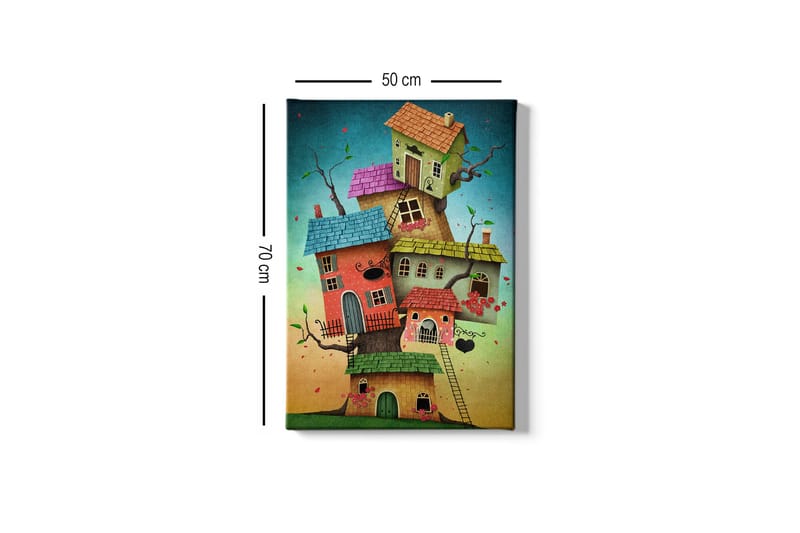 Lerretsbilde - Fantasifull bygging av fargerike hus som vokser ut av en trestamme - Grønn / Rød / Blå - Interiør - Maleri & posters - Lerretsbilder