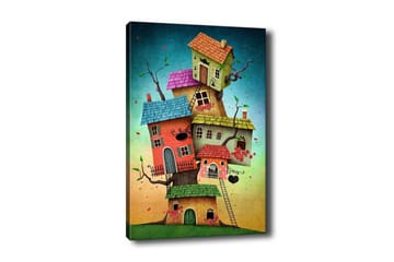 Lerretsbilde - Fantasifull bygging av fargerike hus som vokser ut av en trestamme - Grønn / Rød / Blå - Interiør - Maleri & posters - Lerretsbilder