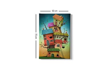 Lerretsbilde - Fantasifull bygging av fargerike hus som vokser ut av en trestamme - Grønn / Rød / Blå - Interiør - Maleri & posters - Lerretsbilder