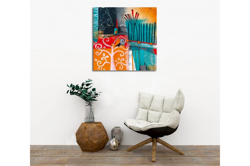 Lerretsbilde - Fargerik abstrakt komposisjon med trær og geometriske former - Turkis / Oransje / Rød - Interiør - Maleri & posters - Lerretsbilder