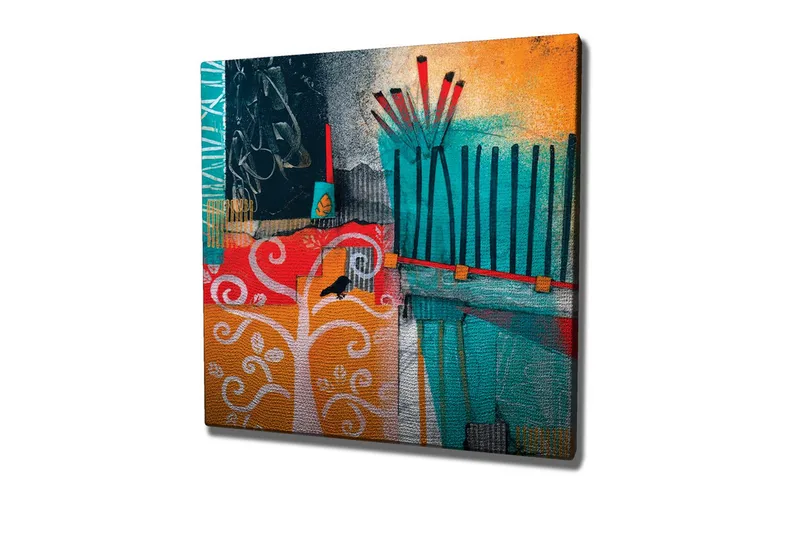 Lerretsbilde - Fargerik abstrakt komposisjon med trær og geometriske former, Turkis / Oransje / Rød