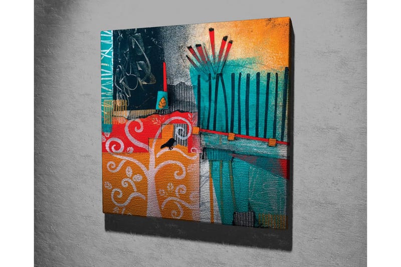 Lerretsbilde - Fargerik abstrakt komposisjon med trær og geometriske former - Turkis / Oransje / Rød - Interiør - Maleri & posters - Lerretsbilder