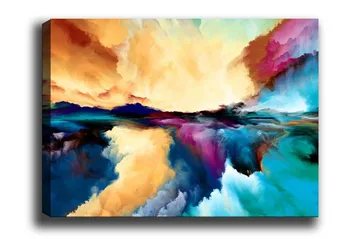 Lerretsbilde - Fargerik abstrakt landskapskomposisjon med himmel- og vannrefleksjoner - Oransje / Blå / Lilla - Interiør - Maleri & posters - Lerretsbilder