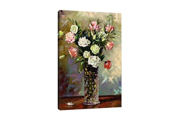 Lerretsbilde - Fargerik blomsterbukett i en glassvase - Rosa / Hvit / Grønn - Interiør - Maleri & posters - Lerretsbilder