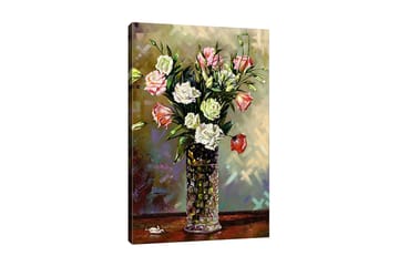 Lerretsbilde - Fargerik blomsterbukett i en glassvase - Rosa / Hvit / Grønn - Interiør - Maleri & posters - Lerretsbilder