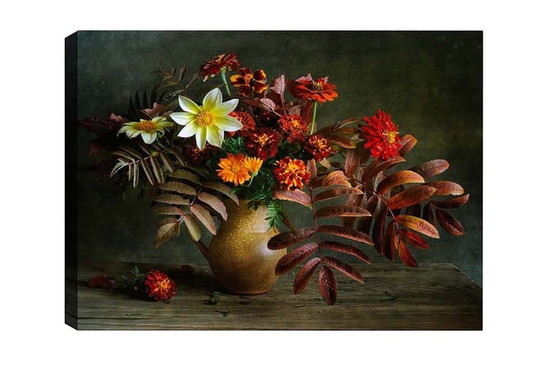 Lerretsbilde - Fargerik blomsterbukett i en keramisk vase, Rød / Oransje / Grønn