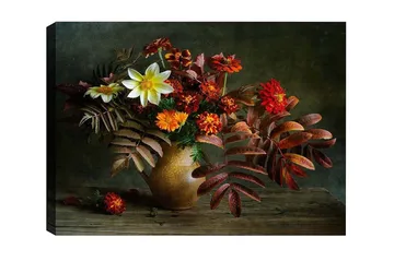 Lerretsbilde - Fargerik blomsterbukett i en keramisk vase - Rød / Oransje / Grønn - Interiør - Maleri & posters - Lerretsbilder