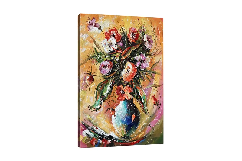 Lerretsbilde - Fargerik blomsterbukett i en vase, Grønn / Rosa / Oransje