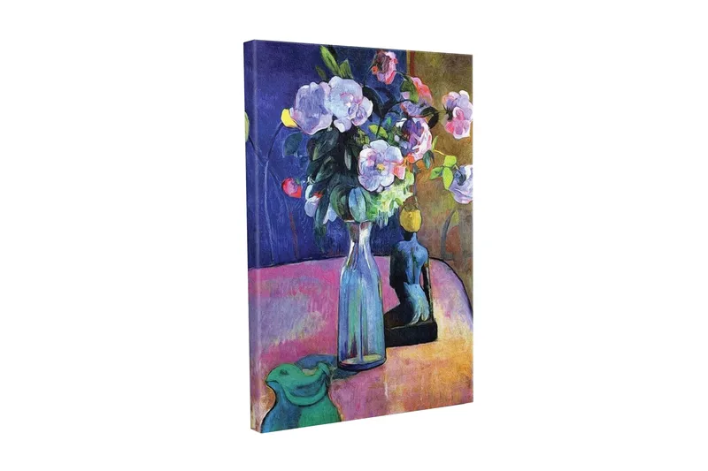 Lerretsbilde - Fargerik blomsterbukett i en vase med en skulptur i bakgrunnen, Lilla / Grønn / Rosa