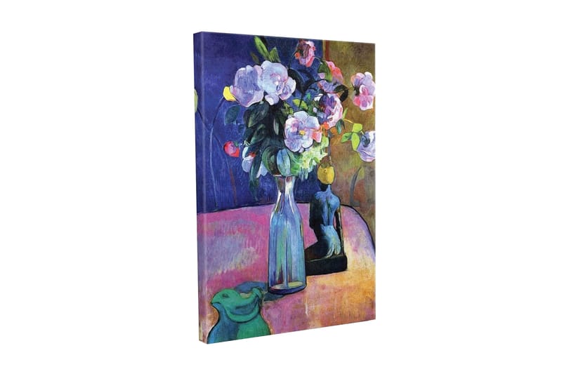 Lerretsbilde - Fargerik blomsterbukett i en vase med en skulptur i bakgrunnen, Lilla / Grønn / Rosa