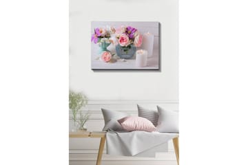 Lerretsbilde - Fargerik blomsterbukett i forskjellige vaser - Rosa / Lilla / Hvit - Interiør - Maleri & posters - Lerretsbilder
