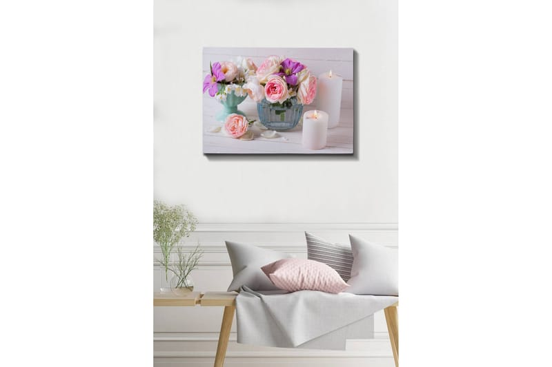 Lerretsbilde - Fargerik blomsterbukett i forskjellige vaser - Rosa / Lilla / Hvit - Interiør - Maleri & posters - Lerretsbilder