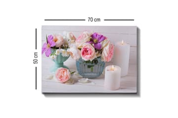 Lerretsbilde - Fargerik blomsterbukett i forskjellige vaser - Rosa / Lilla / Hvit - Interiør - Maleri & posters - Lerretsbilder