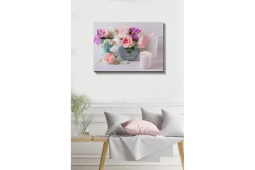 Lerretsbilde - Fargerik blomsterbukett i forskjellige vaser - Rosa / Lilla / Hvit - Interiør - Maleri & posters - Lerretsbilder