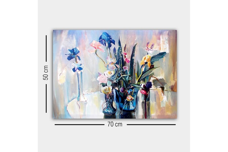 Lerretsbilde - Fargerik blomsterbukett i glassvaser - Blå / Rosa / Grønn - Interiør - Maleri & posters - Lerretsbilder