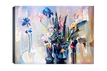 Lerretsbilde - Fargerik blomsterbukett i glassvaser - Blå / Rosa / Grønn - Interiør - Maleri & posters - Lerretsbilder