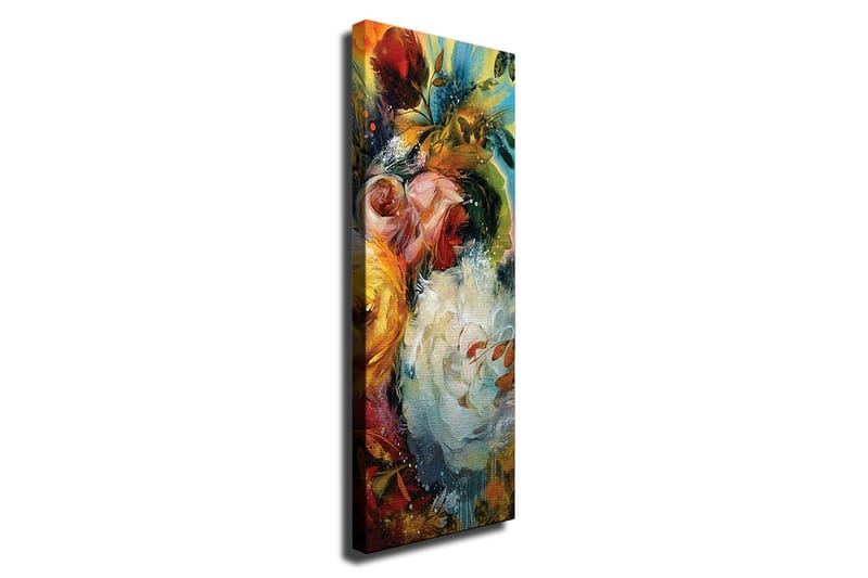 Lerretsbilde - Fargerik blomsterbukett med elementer av grønt bladverk, Rød / Gul / Hvit