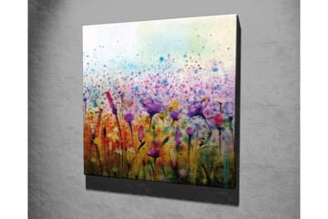 Lerretsbilde - Fargerik blomstereng med fugler i bevegelse - Lilla / Gul / Grønn - Interiør - Maleri & posters - Lerretsbilder