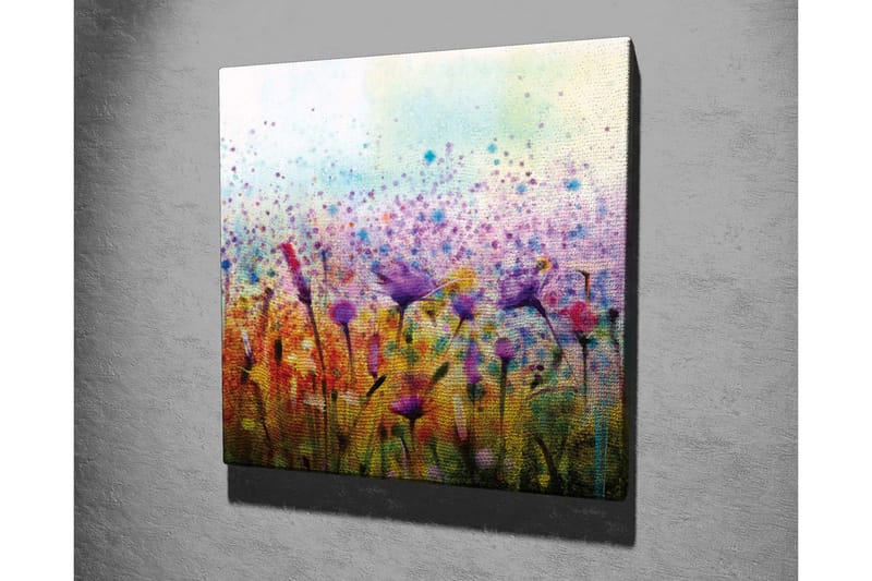 Lerretsbilde - Fargerik blomstereng med fugler i bevegelse - Lilla / Gul / Grønn - Interiør - Maleri & posters - Lerretsbilder