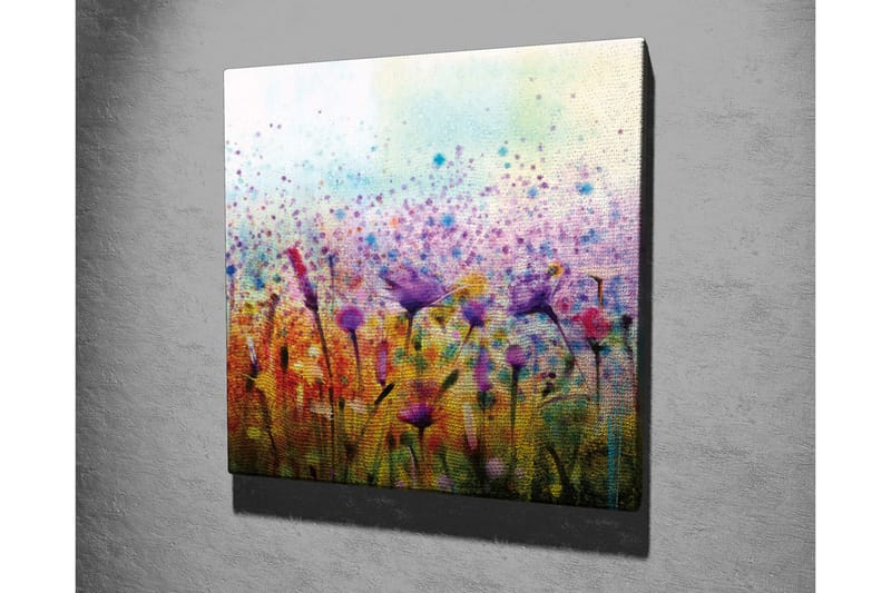 Lerretsbilde - Fargerik blomstereng med fugler i bevegelse - Lilla / Gul / Grønn - Interiør - Maleri & posters - Lerretsbilder