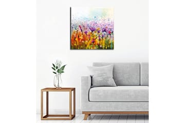 Lerretsbilde - Fargerik blomstereng med fugler i bevegelse - Lilla / Gul / Grønn - Interiør - Maleri & posters - Lerretsbilder