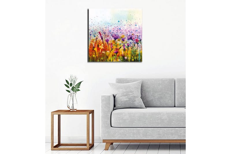 Lerretsbilde - Fargerik blomstereng med fugler i bevegelse - Lilla / Gul / Grønn - Interiør - Maleri & posters - Lerretsbilder