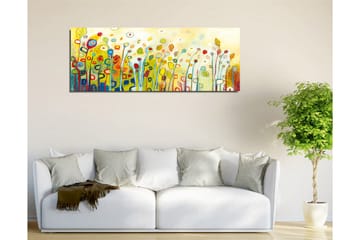 Lerretsbilde - Fargerik blomstereng med stiliserte blomster og blader - Grønn / Rød / Gul - Interiør - Maleri & posters - Lerretsbilder