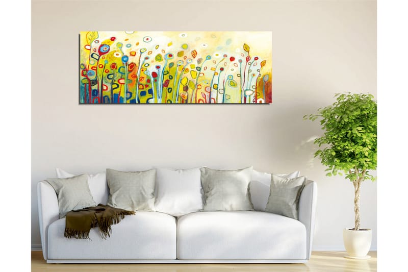 Lerretsbilde - Fargerik blomstereng med stiliserte blomster og blader - Grønn / Rød / Gul - Interiør - Maleri & posters - Lerretsbilder