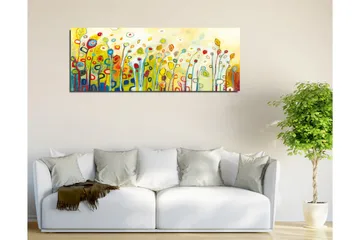 Lerretsbilde - Fargerik blomstereng med stiliserte blomster og blader - Grønn / Rød / Gul - Interiør - Maleri & posters - Lerretsbilder