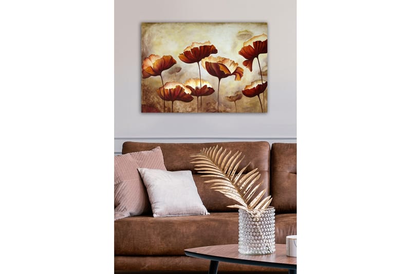 Lerretsbilde - Fargerik blomstereng med store, åpne blomster - Mørk rød / Oransje / Beige - Interiør - Maleri & posters - Lerretsbilder