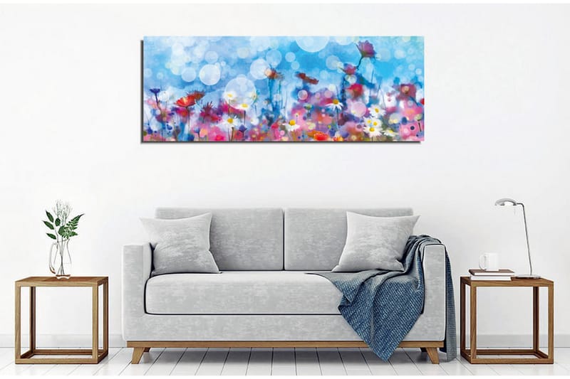 Lerretsbilde - Fargerik blomstereng med uskarpe lysprikker - Blå / Rosa / Hvit - Interiør - Maleri & posters - Lerretsbilder